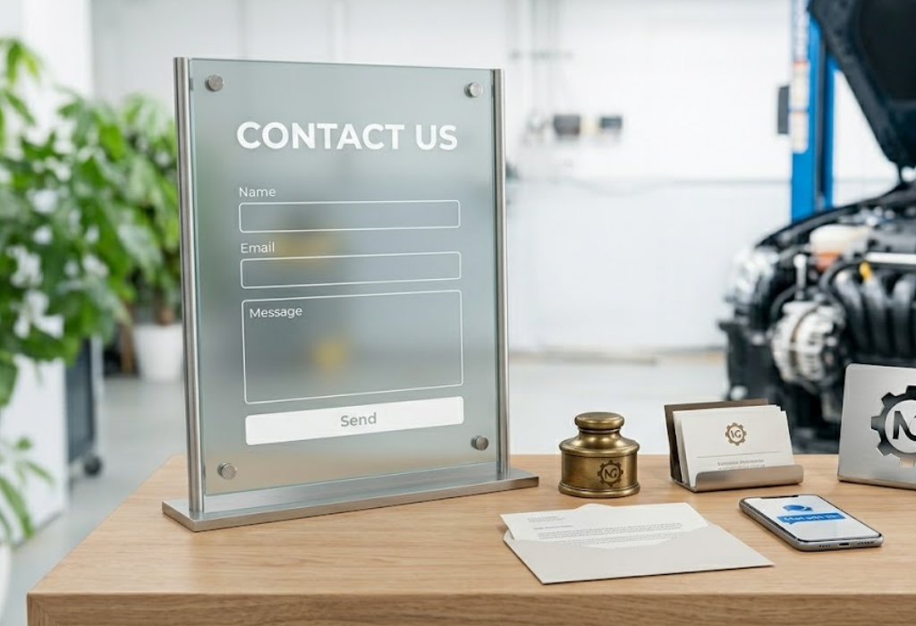 An illustrative desk-based contact station for MicksGarage.com showing customers how to Contact Micks Garage
